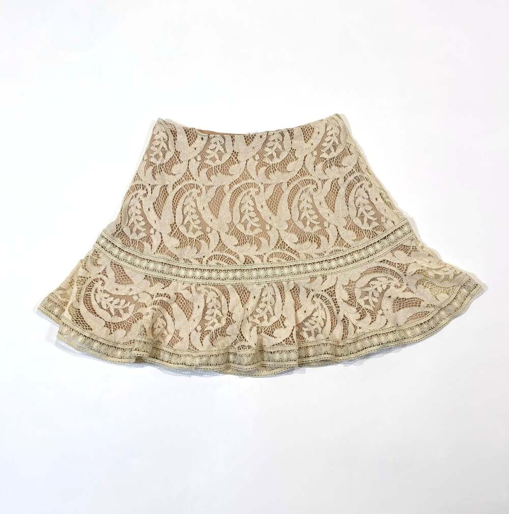 She + Sky Lace Ruffle Short Mini Skirt Cream Beige Lined - Size Small